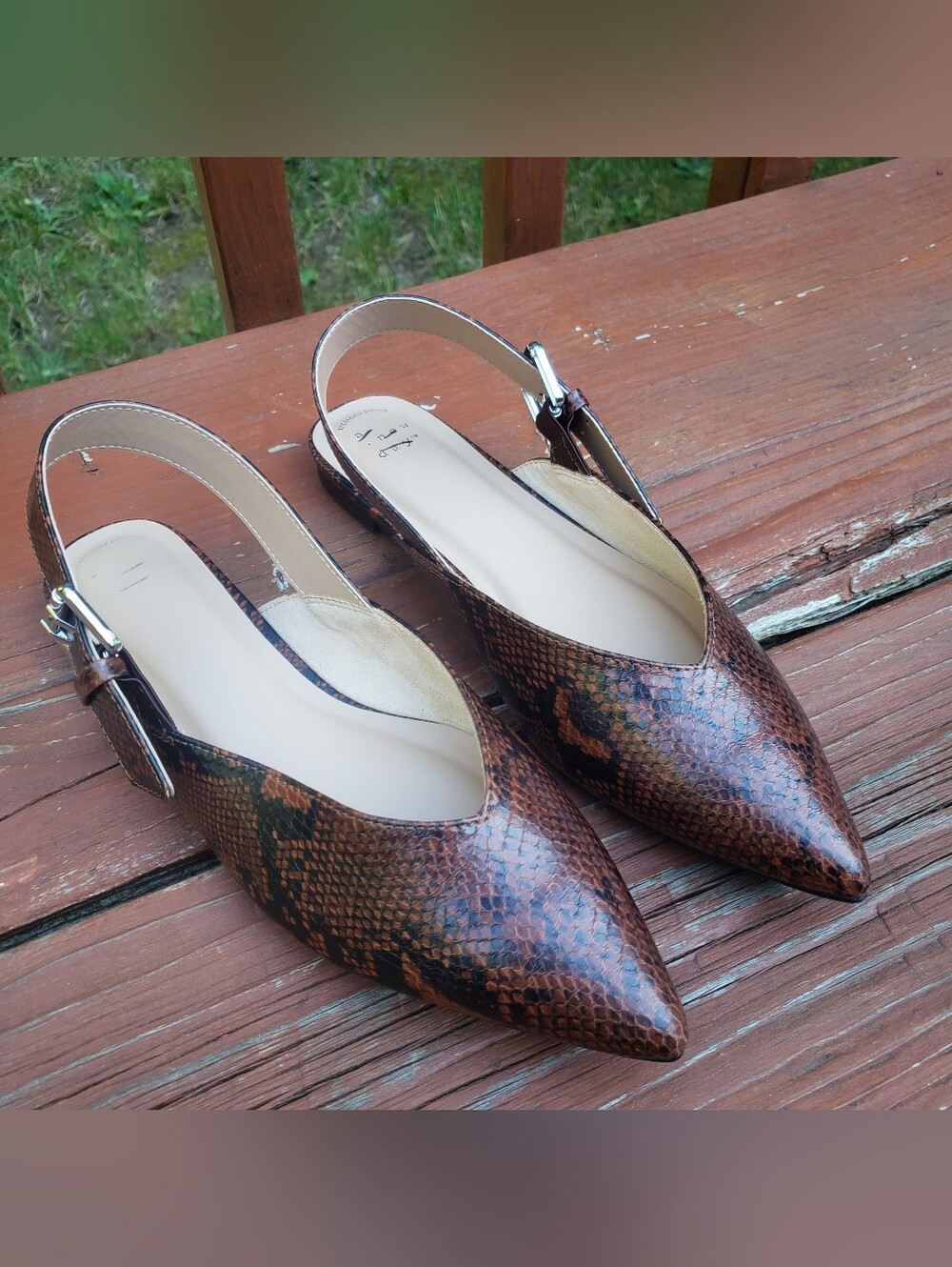 a new day Women's Brown Snake Print Pointed Toe Flats With Buckles - Size 8.5